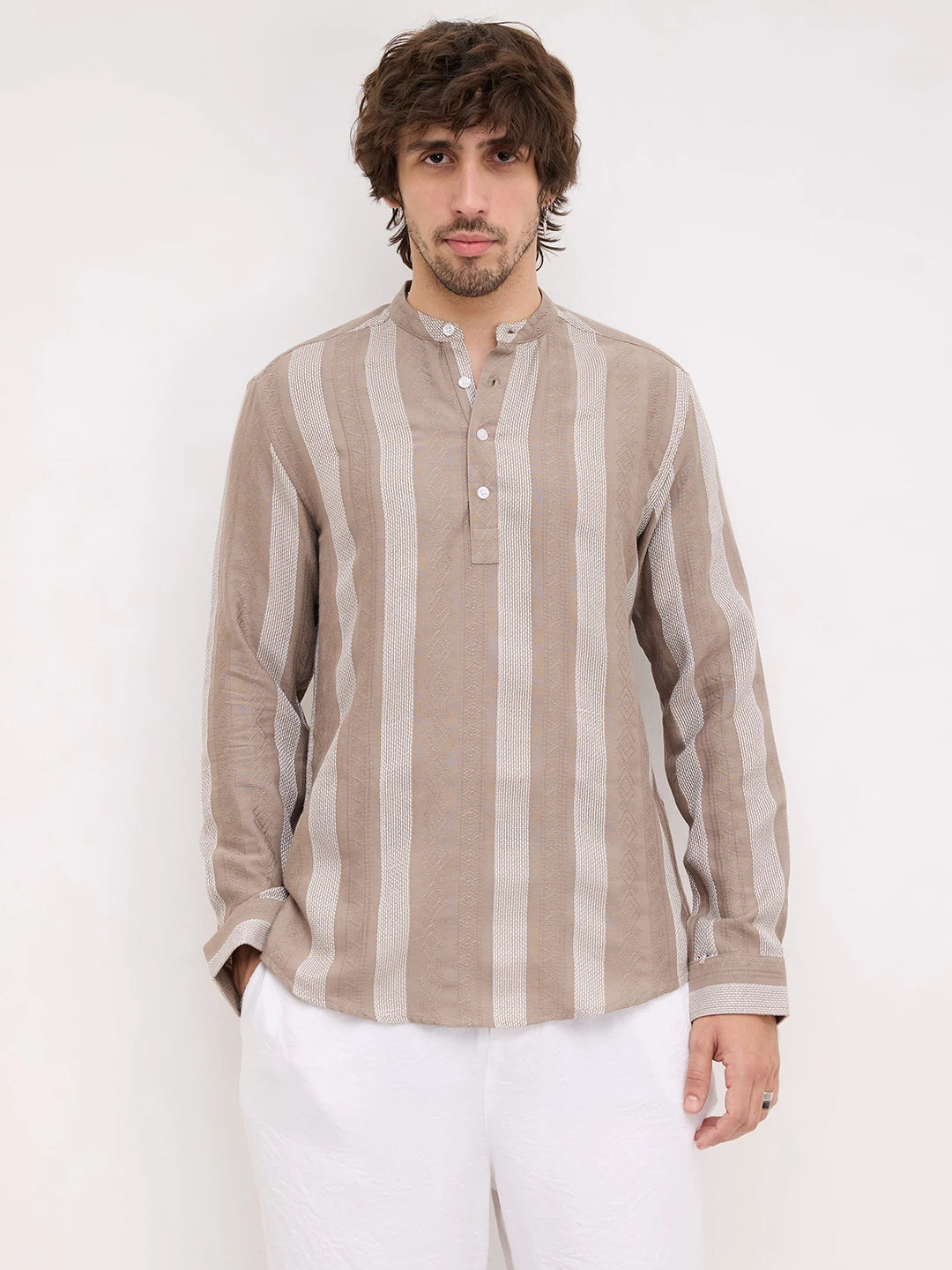 British Khaki Artisan Contrast Loom Striped Kurta