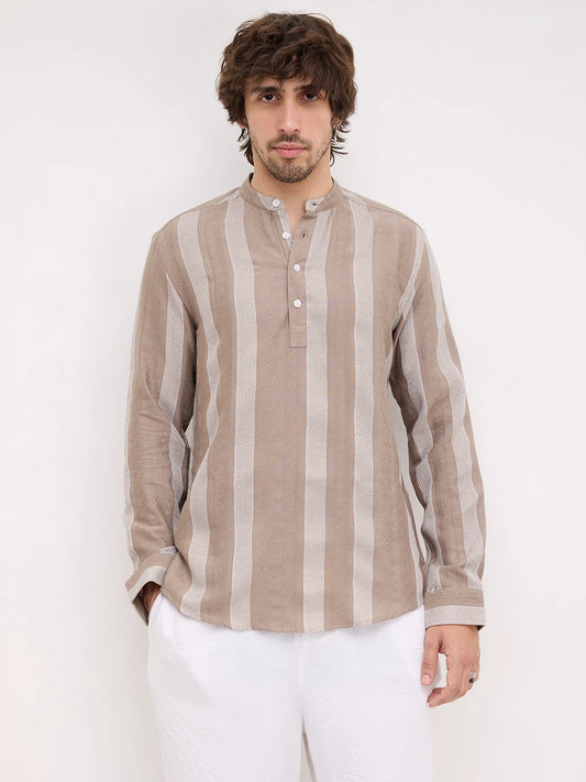 British Khaki Artisan Contrast Loom Striped Kurta