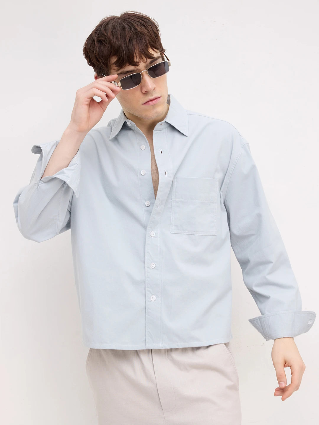 Luxe Baby Blue Boxy Fit Crop Cord Shirt