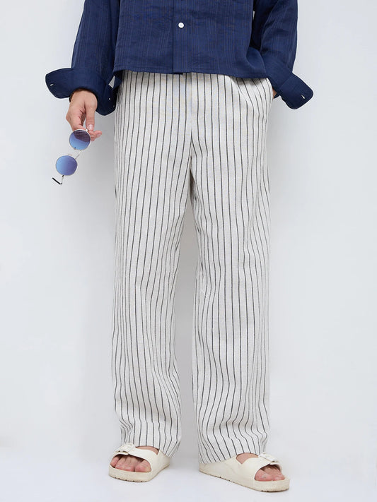 Artistic Ivory & Black Burlap Striped Straight Fit Trousers