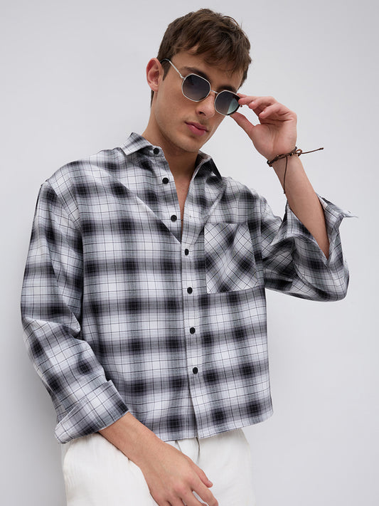 Black & White Tartanique Checked Boxy Fit Crop Shirt