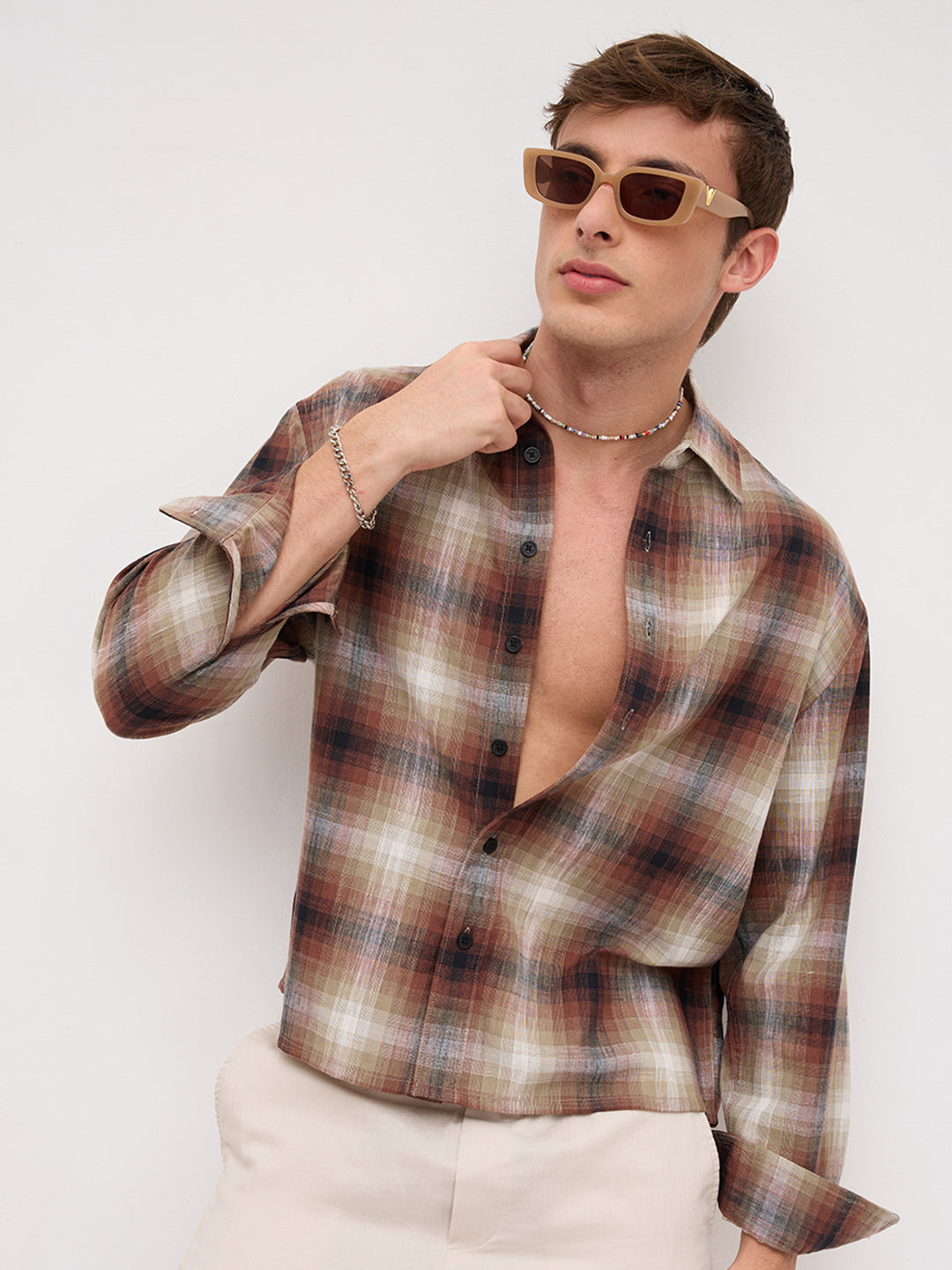 Brown & White Plaid Checks Boxy Fit Crop Shirt