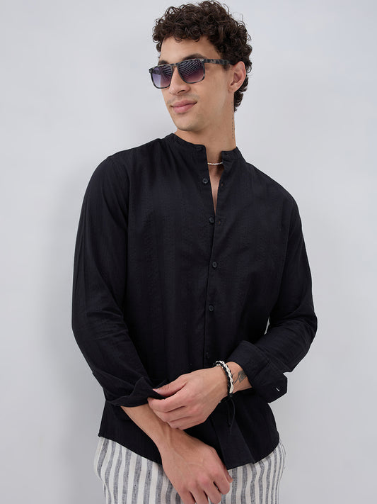 Jet Black Seersucker Striped Mandarin Shirt