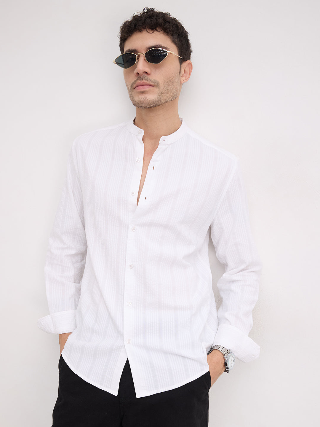 Timeless White Seersucker Mandarin Shirt