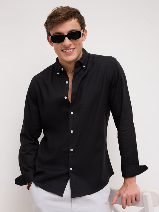 Luxe Black Button-Down Collar Linen Blend Shirt
