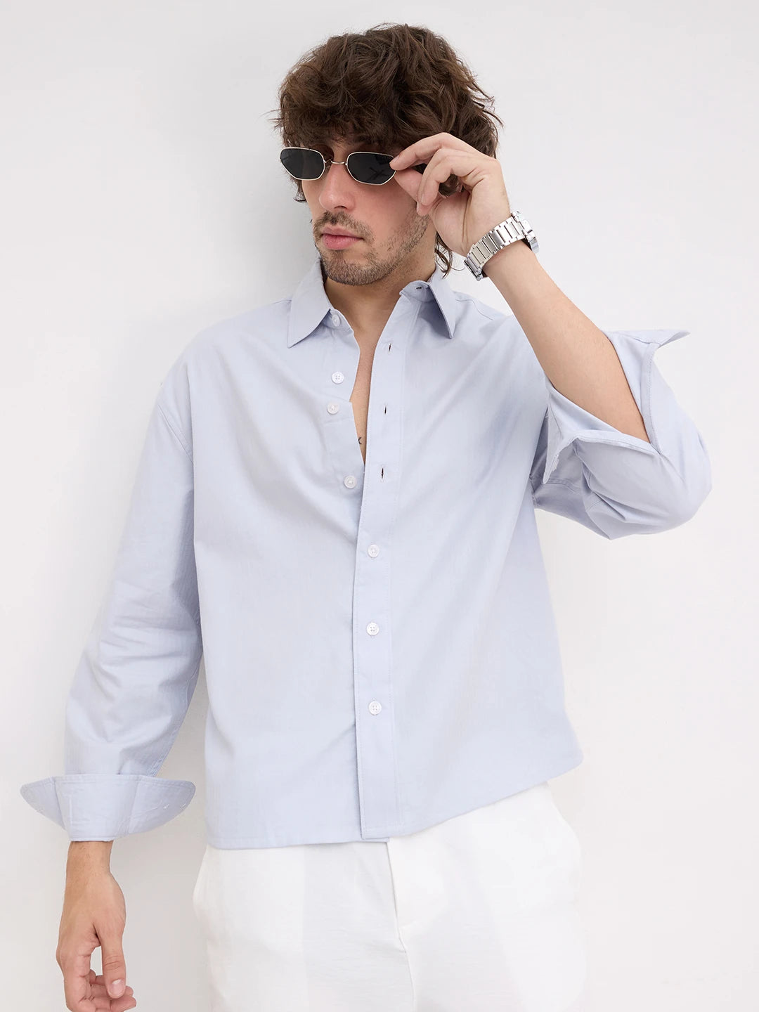 Ice Blue Herringbone Textured Boxy Fit Crop Shirt