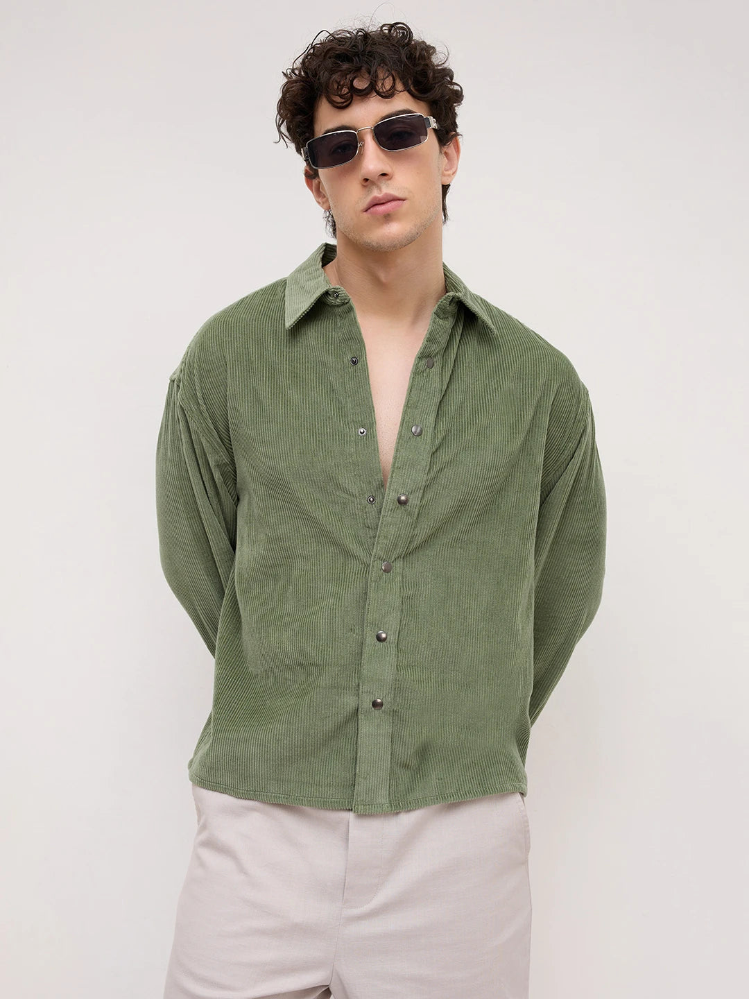 Green Mossline Structured Corduroy Boxy Fit Crop Shirt