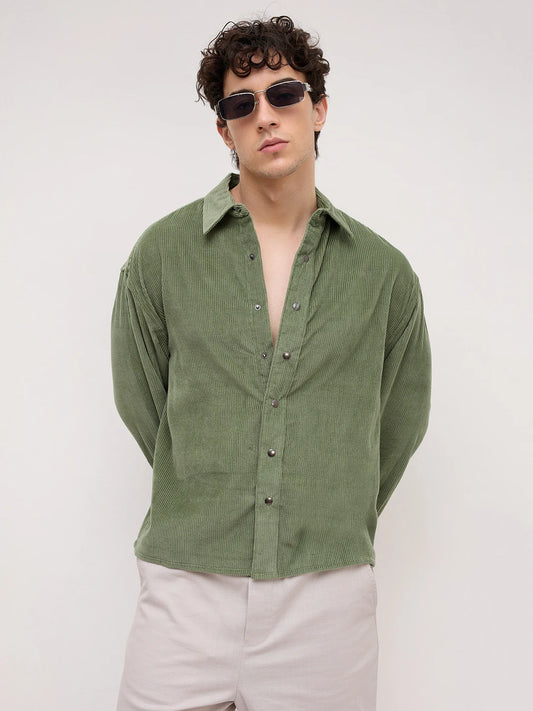 Green Mossline Structured Corduroy Boxy Fit Crop Shirt
