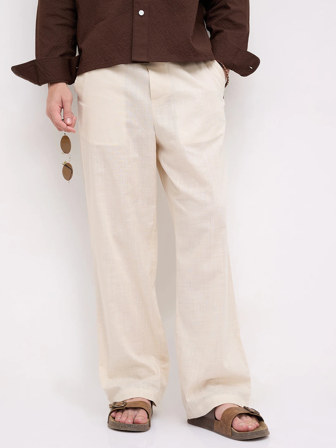 Bisque Beige Sheer Slub Textured Straight Fit Trousers