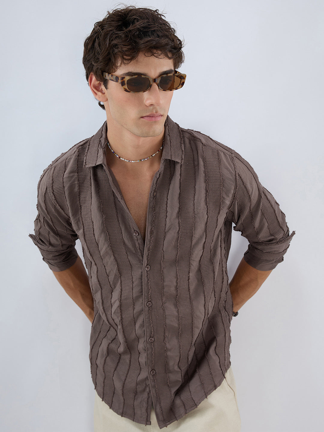 Chocolate Brown Frayed Panelled Waffle Textured Shirt
