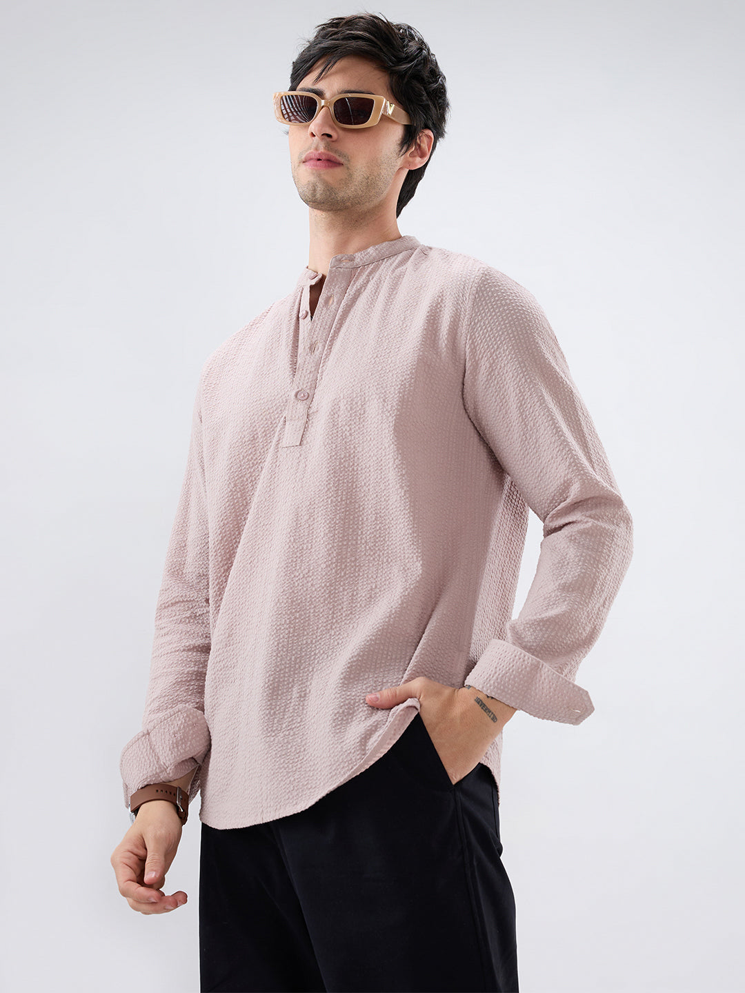 Taupe Beige Seersucker Striped Kurta