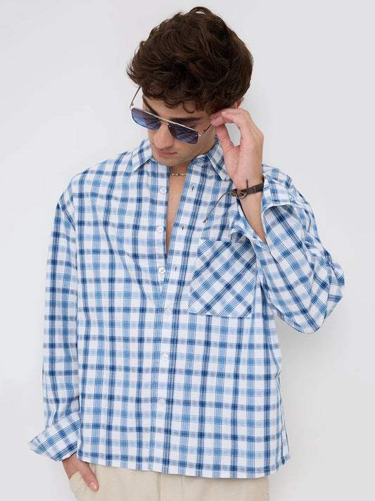 Denim Marine Ivory Interlock Framed Check Boxy Fit Crop Shirt