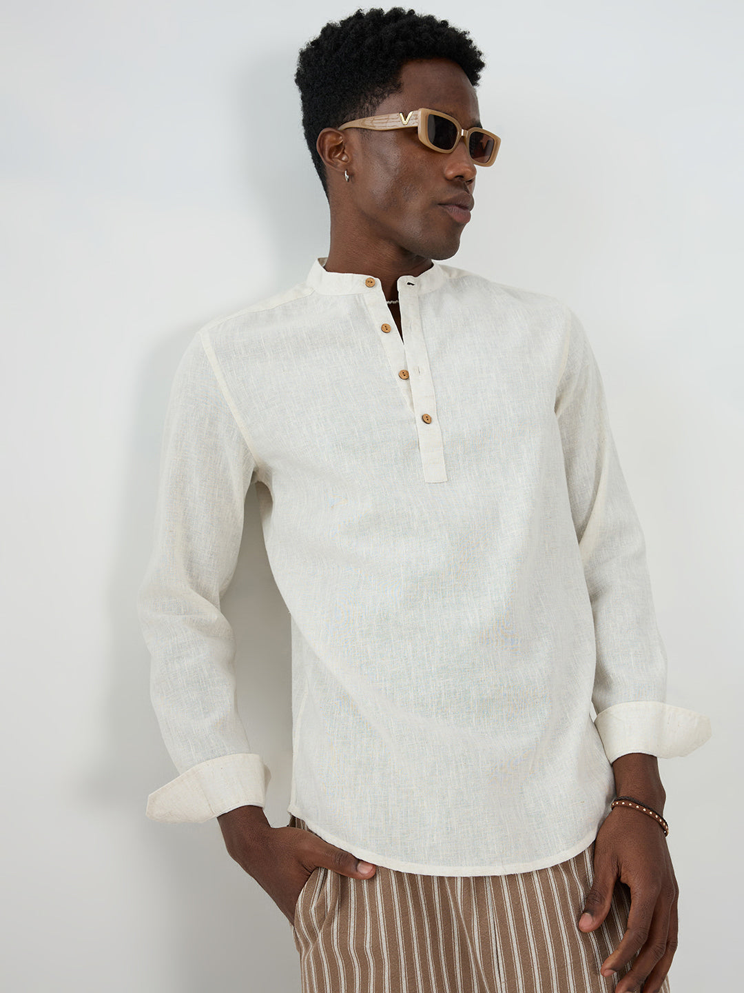 Cream Fine Slub Textured Sheer Kurta
