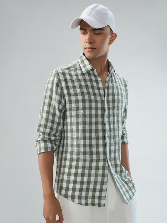 Plush Forest Green & White Gingham Checks Crinkled Shirt