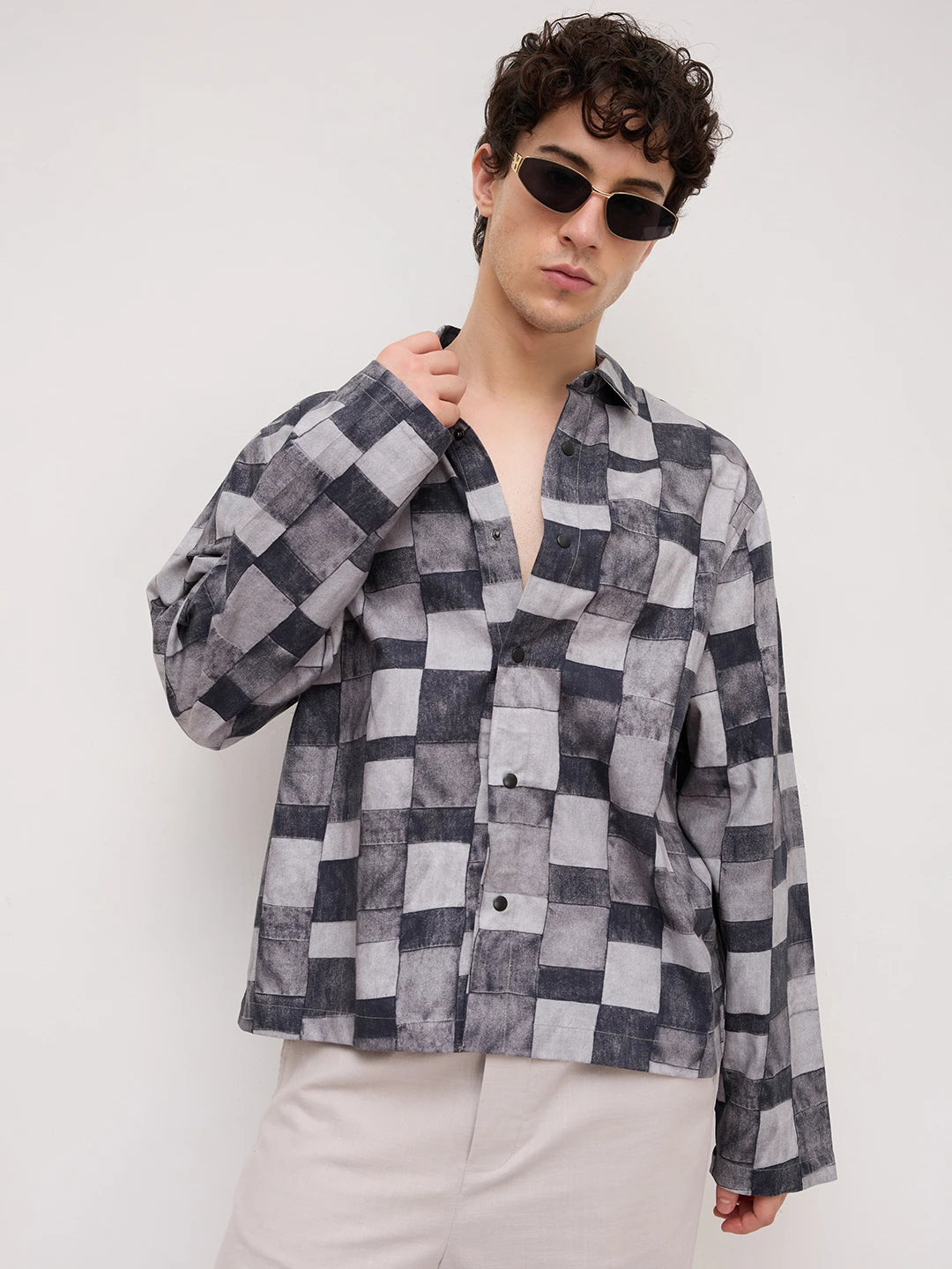 Graphite Grey Abstract Printed Cuffless Oversized Shirt