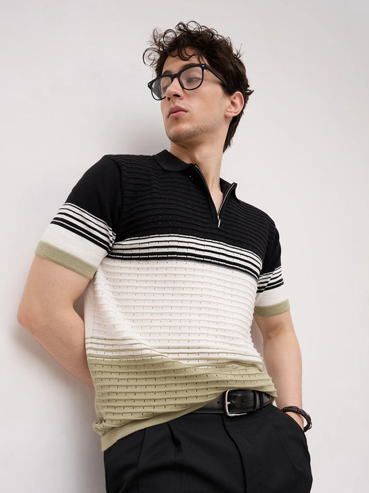 Seaside Contrast Panel Weave Flat Knit Polo T-Shirt