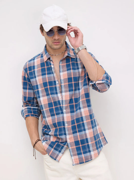 Denim Blue & Pink Multi Line Block Checks Shirt