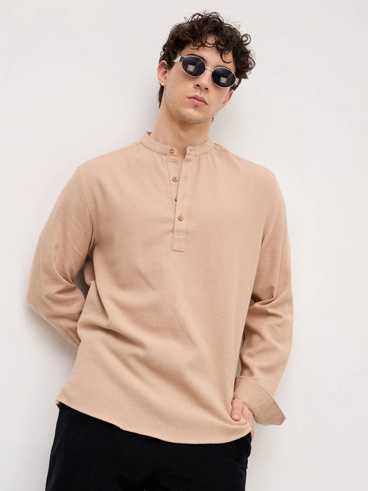 Beige Fine Geometrical Weave Textured Kurta