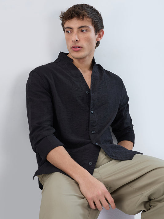 Ink Black Textured Stand Collar Oversized Shirt