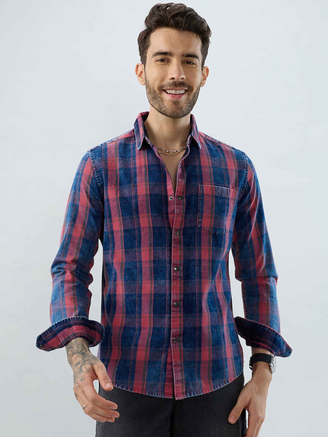 Elegant Navy & Desire Red Denim Plaid Checks Shirt