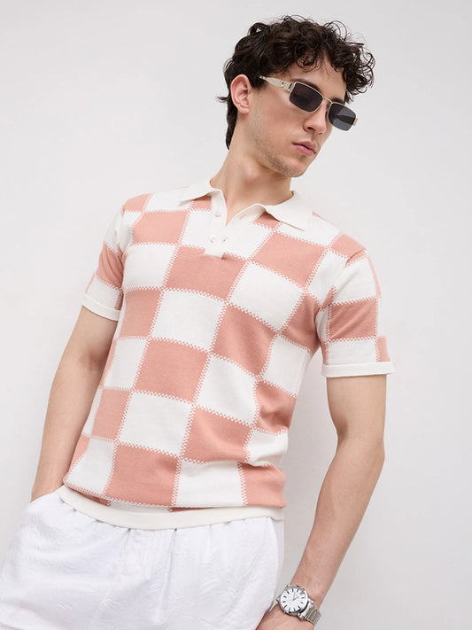 Scalloped Soft Peach Block Checks Polo Flat Knit T-shirt