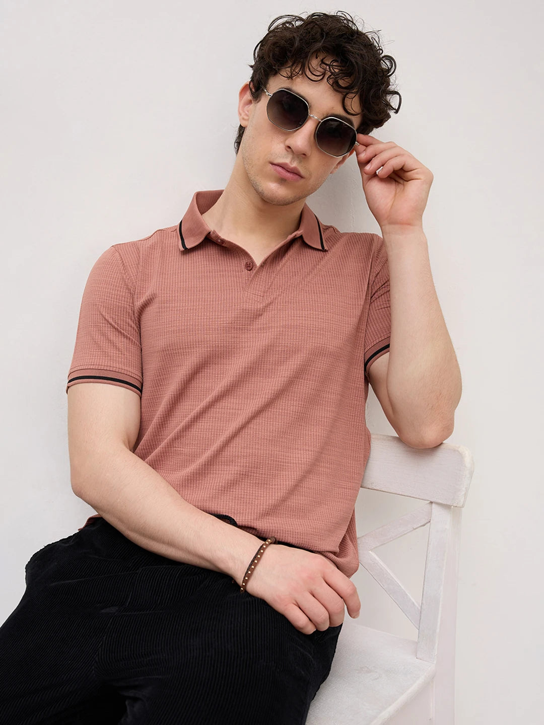 Coral Peach Grid Textured Contrast Polo Knit T-Shirt