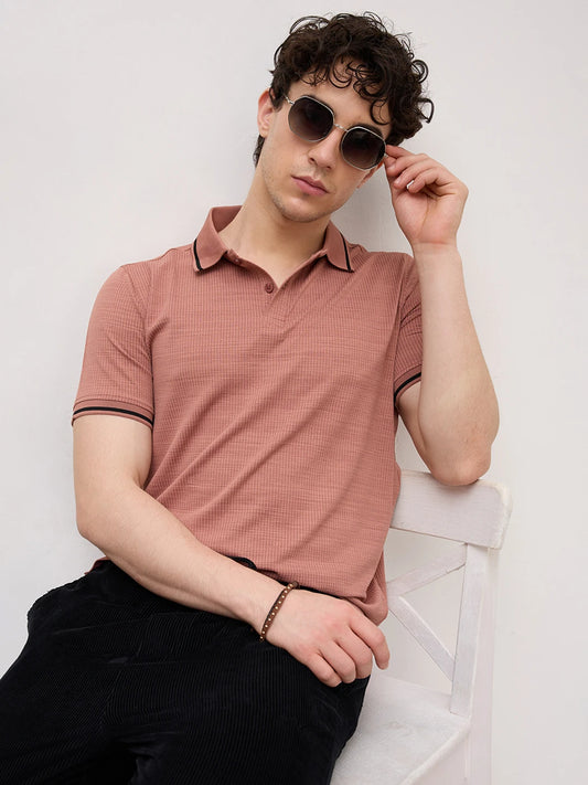 Coral Peach Grid Textured Contrast Polo Knit T-Shirt