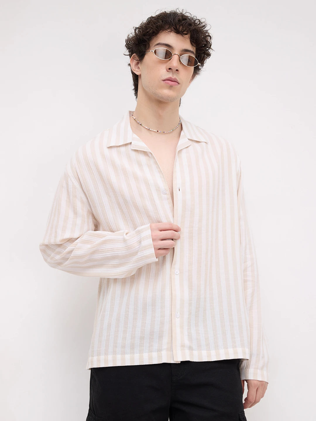 Bisque Beige Candy Striped Notch Collar Oversized Shirt