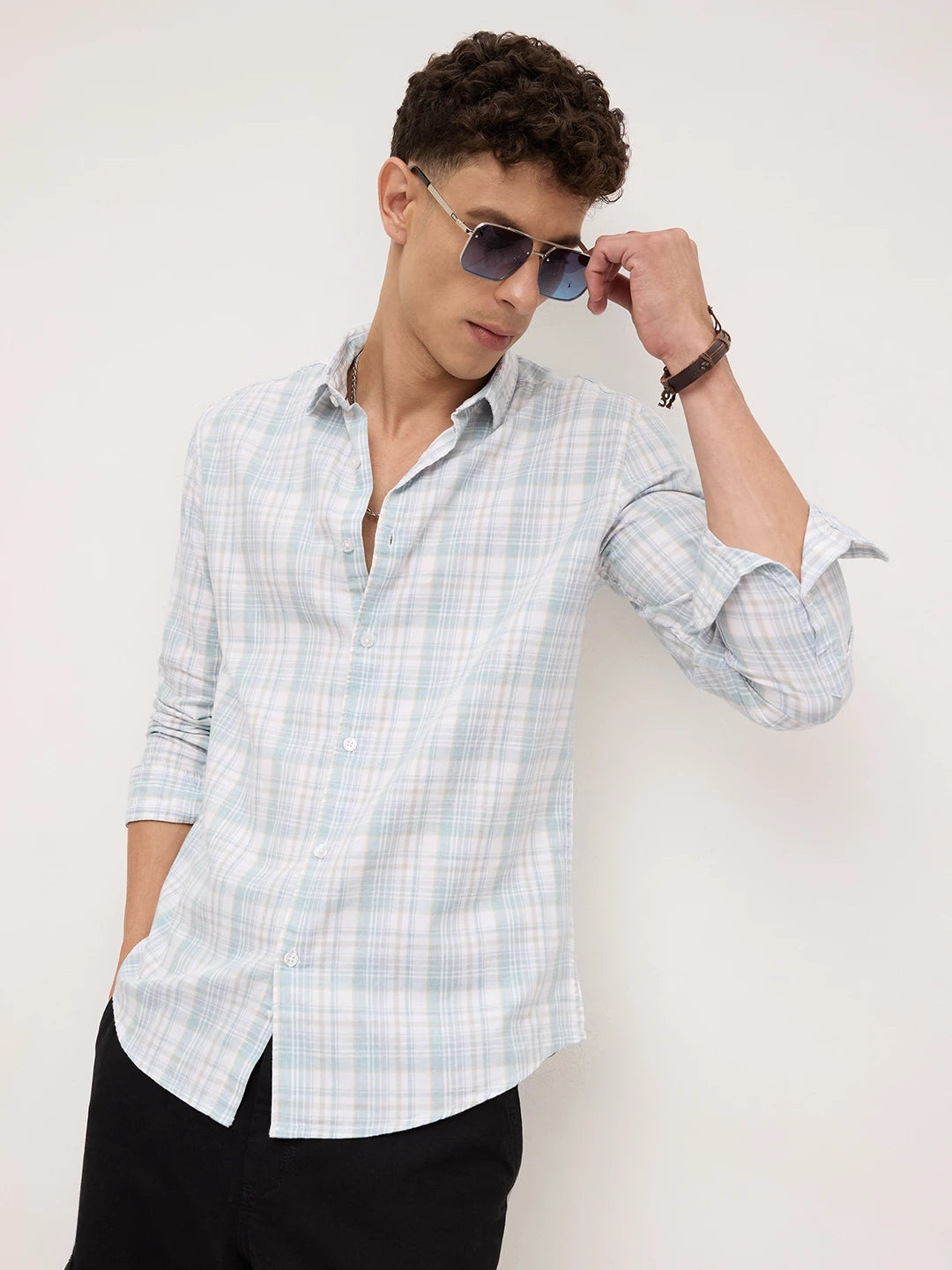 Washed Sage Green Fine Line Grid Checks Shirt