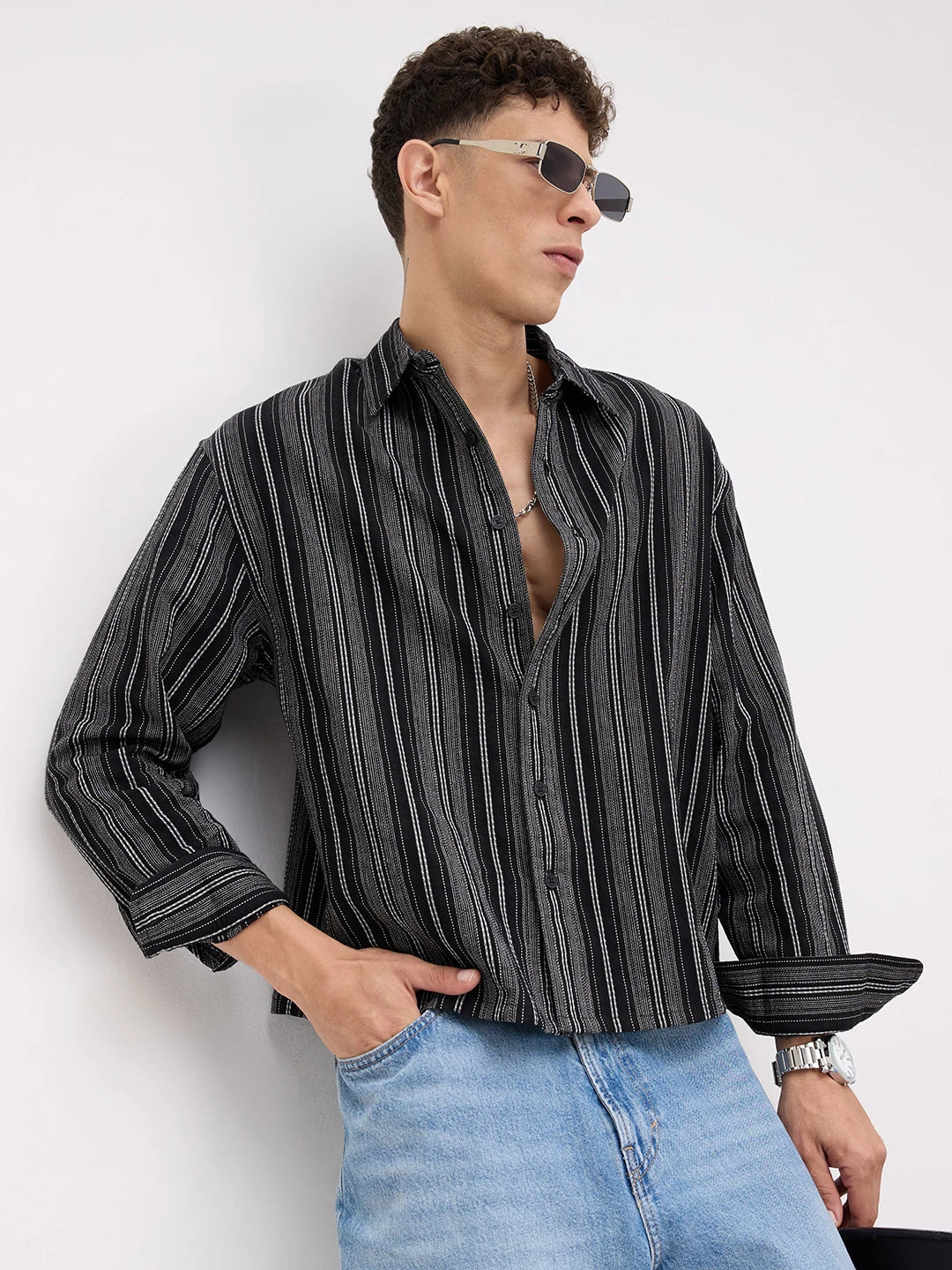 Artisan Monochrome Contrast Striped Boxy Fit Crop Shirt