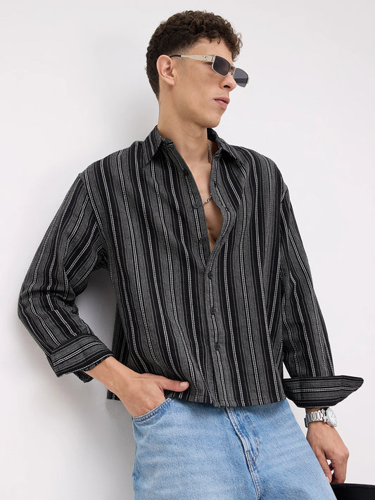 Artisan Monochrome Contrast Striped Boxy Fit Crop Shirt