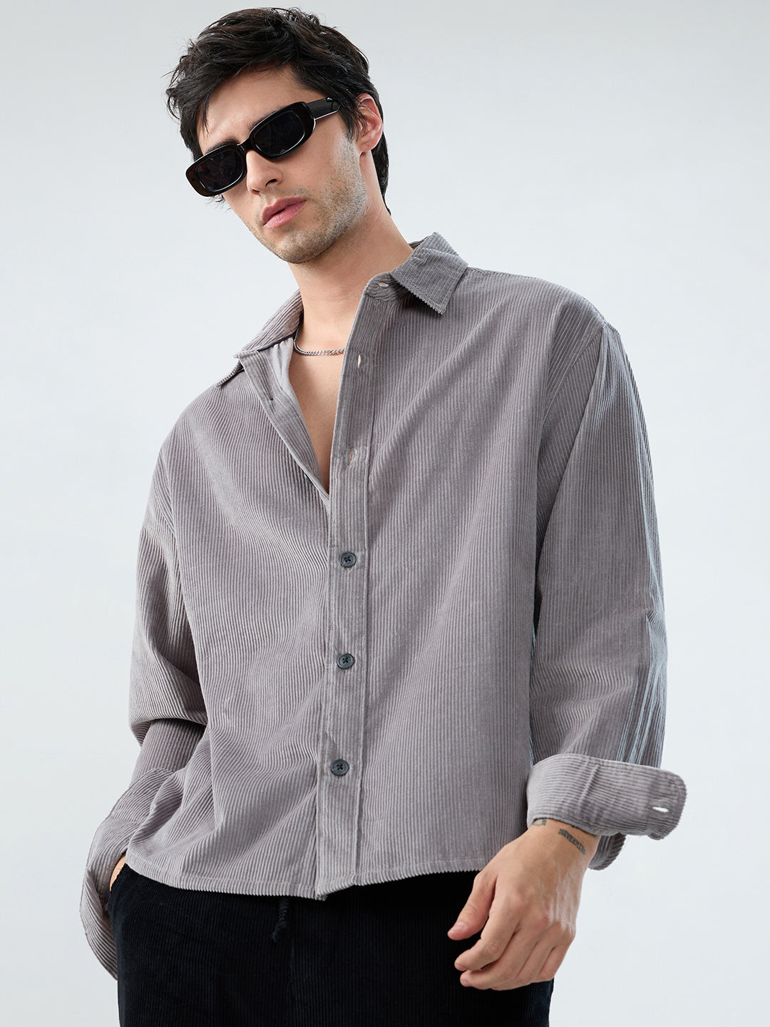 Cloud Grey Corduroy Boxy Fit Crop Shirt