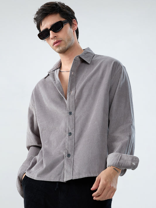 Cloud Grey Corduroy Boxy Fit Crop Shirt