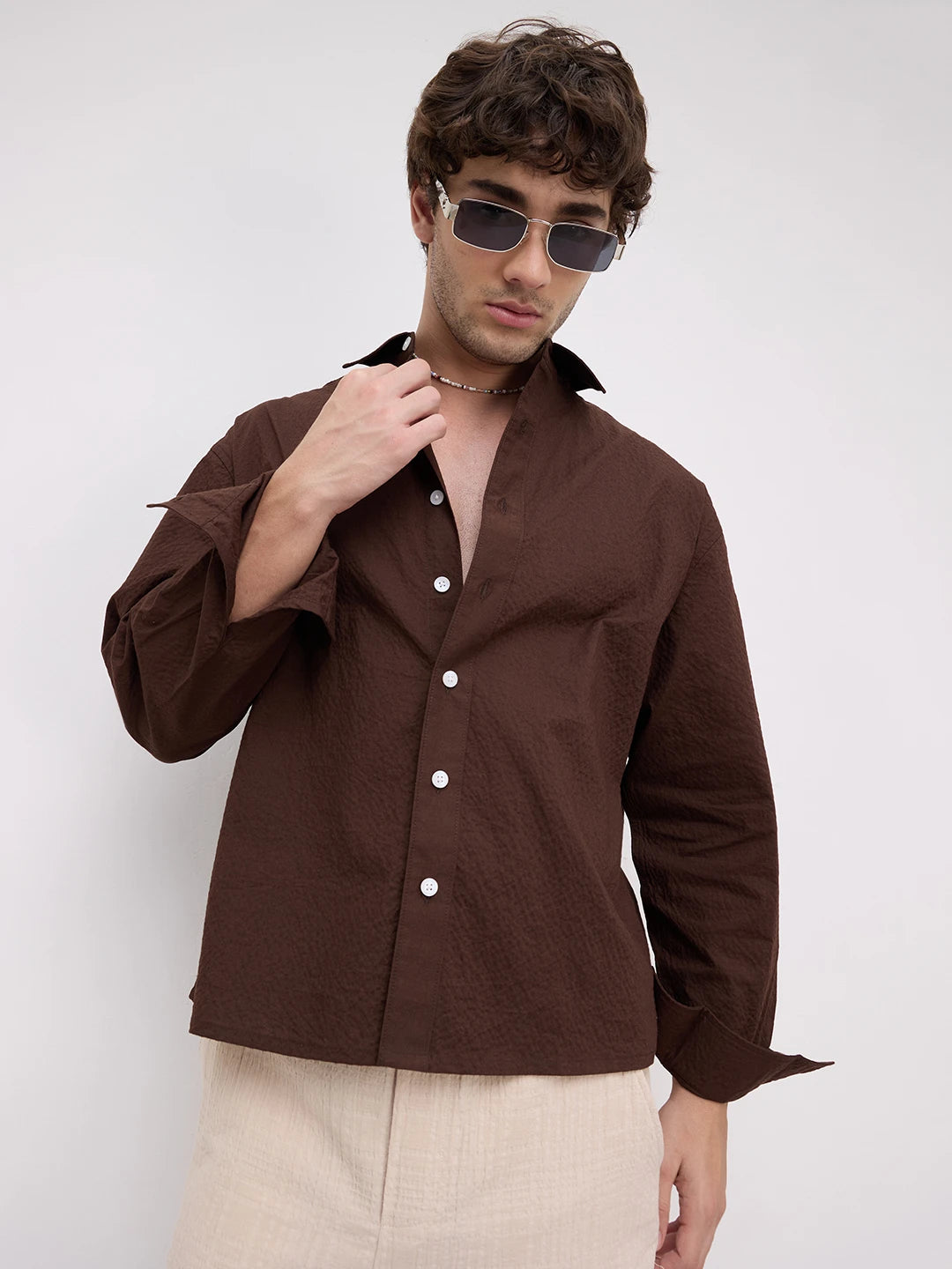 Rich Brown Boxy Fit Crop Shirt