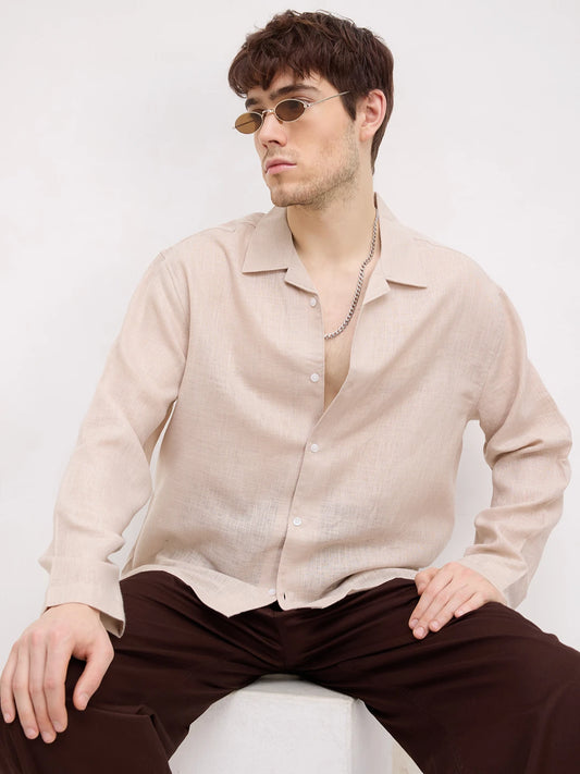 Soft Khaki Sheer Textured Notch Collar Oversized Vacation Shirt
