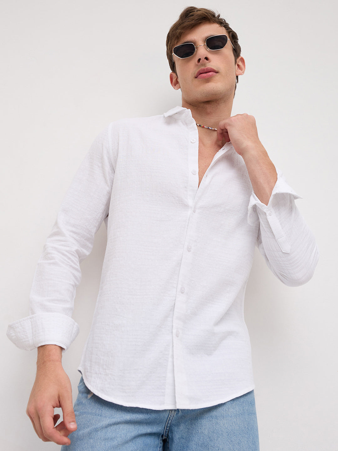 Plush Pearl White Ledger Checks Double Cloth Shirt