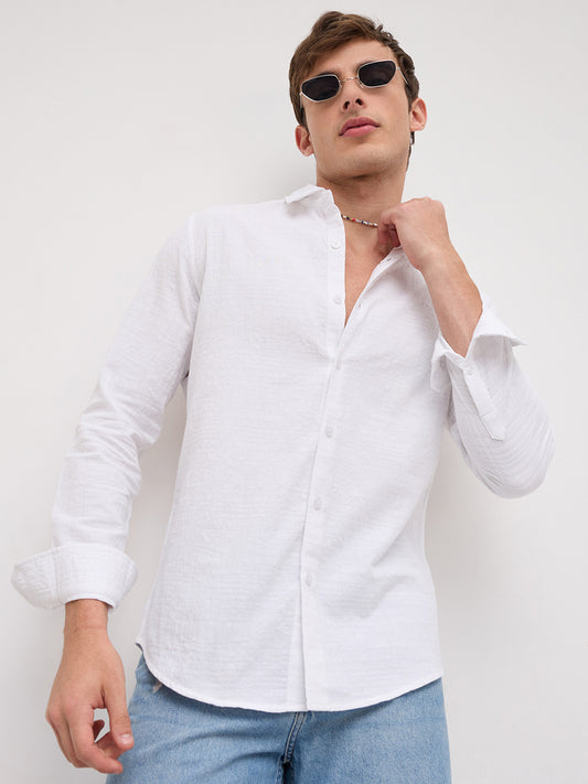 Plush Pearl White Ledger Checks Double Cloth Shirt