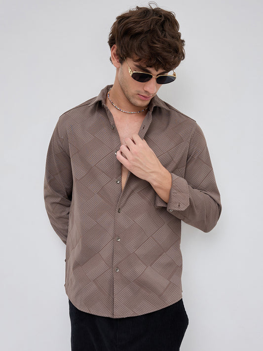 Elegant Brown Block Weave Knitted Shirt