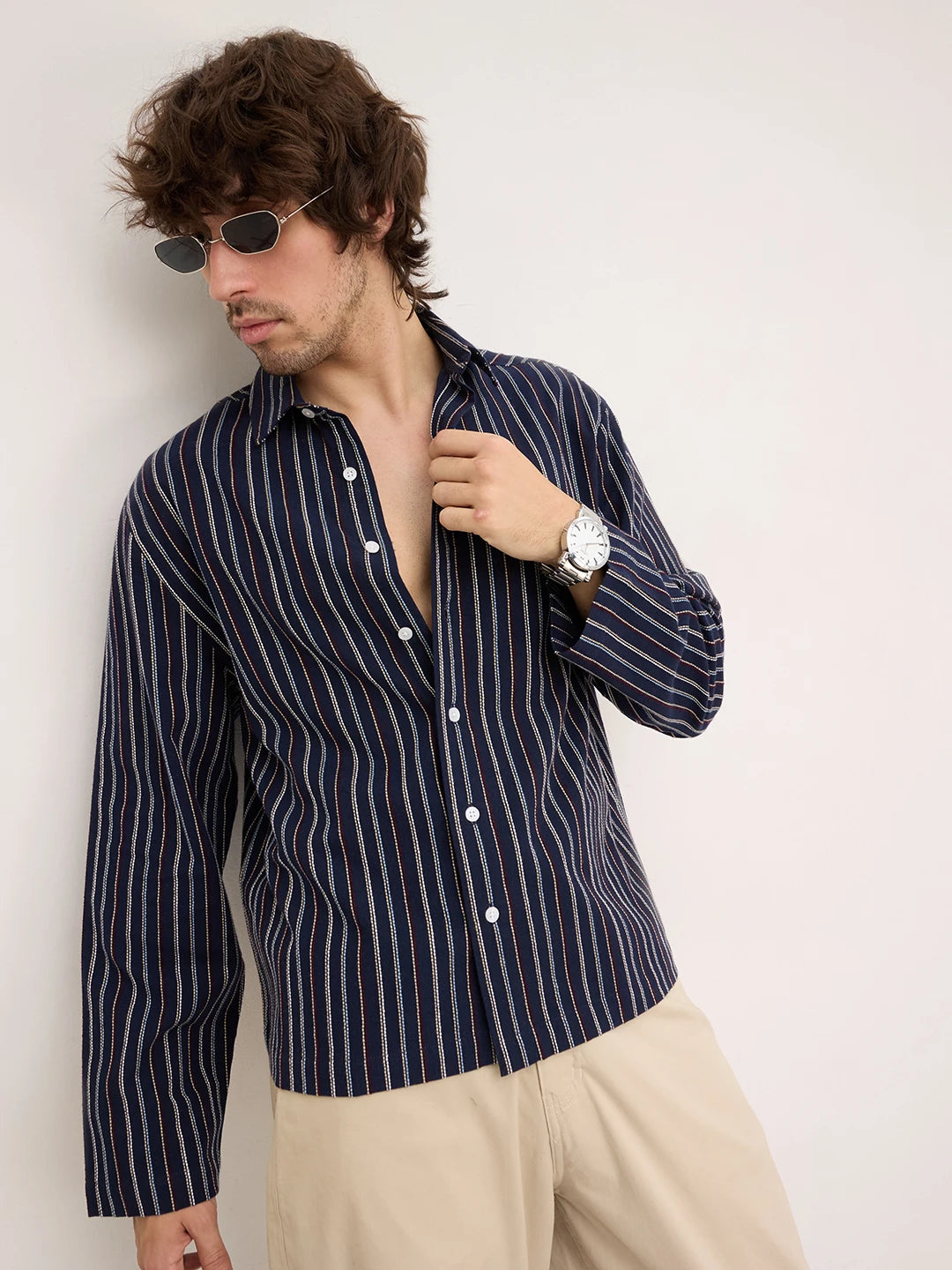 Navy Dual Embroidered Striped Cuffless Oversized Shirt