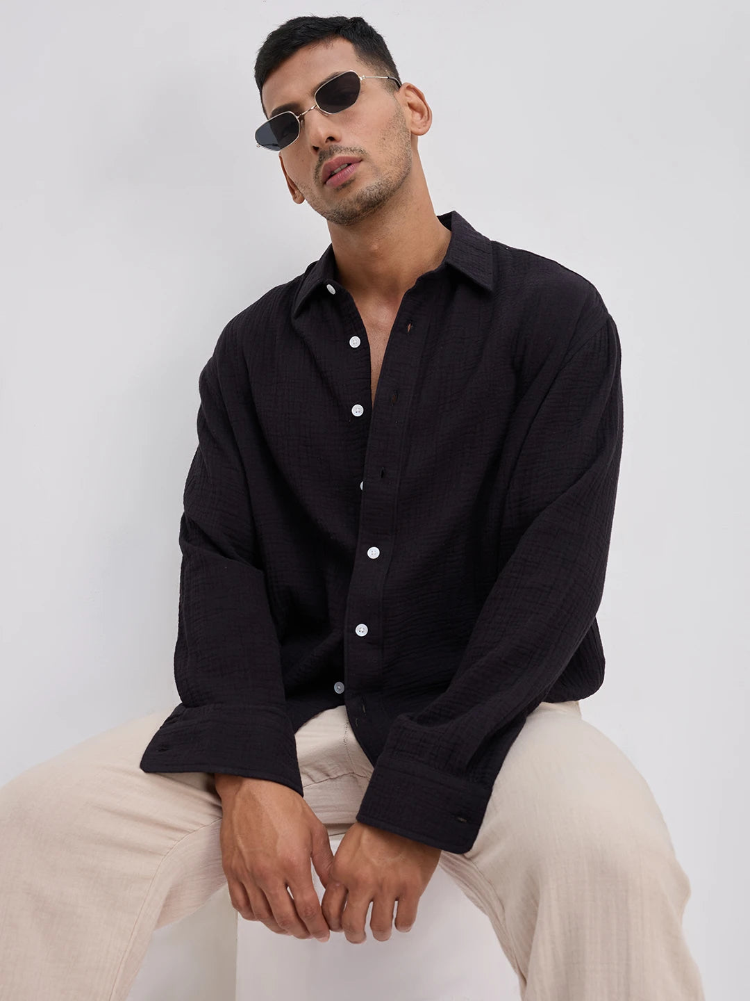 Charming Black Double Cloth Boxy Fit Crop Shirt