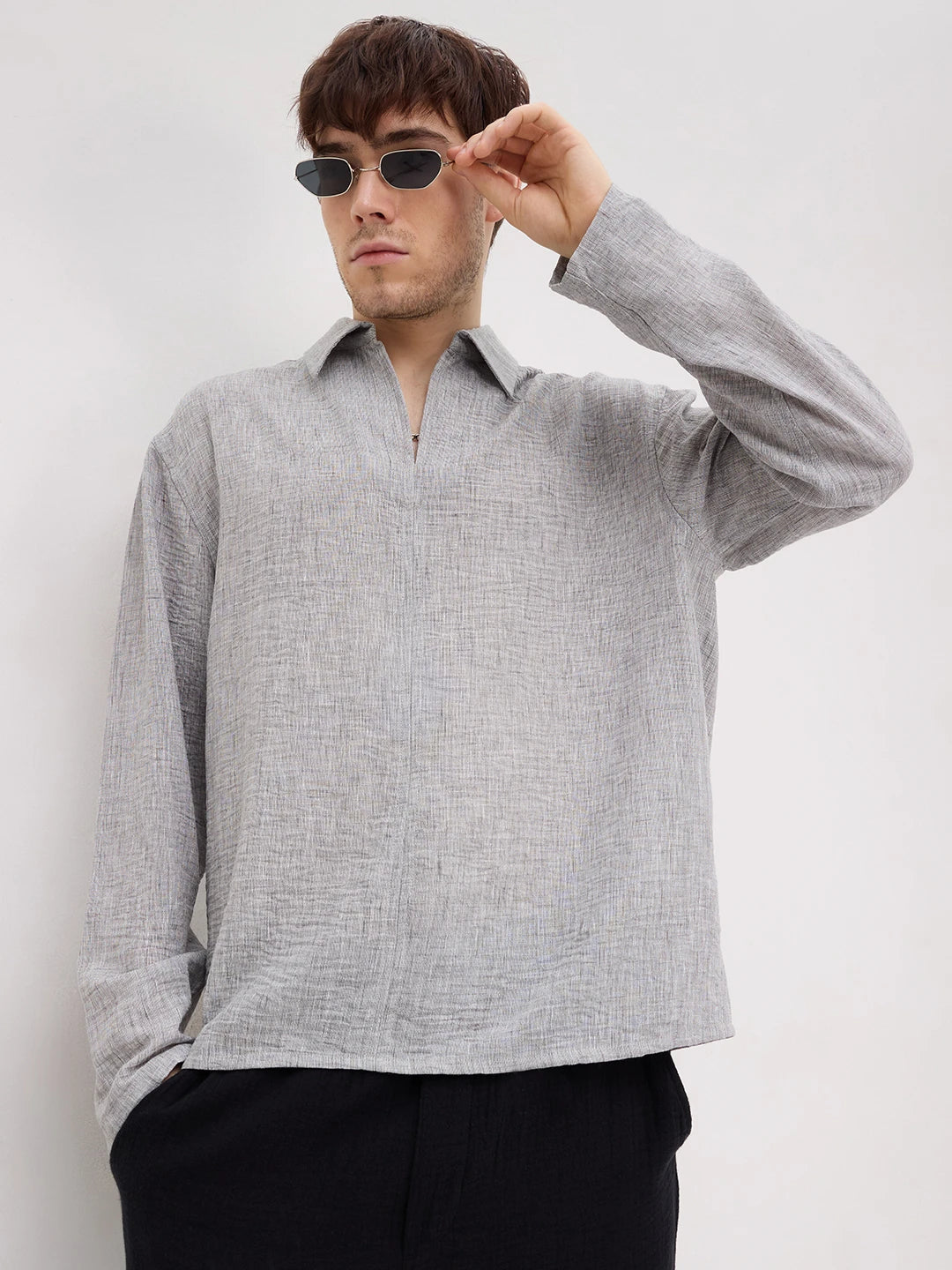 Refined Ash Grey Textured Center Seam Oversized Shirt