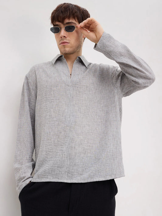 Refined Ash Grey Textured Center Seam Oversized Shirt