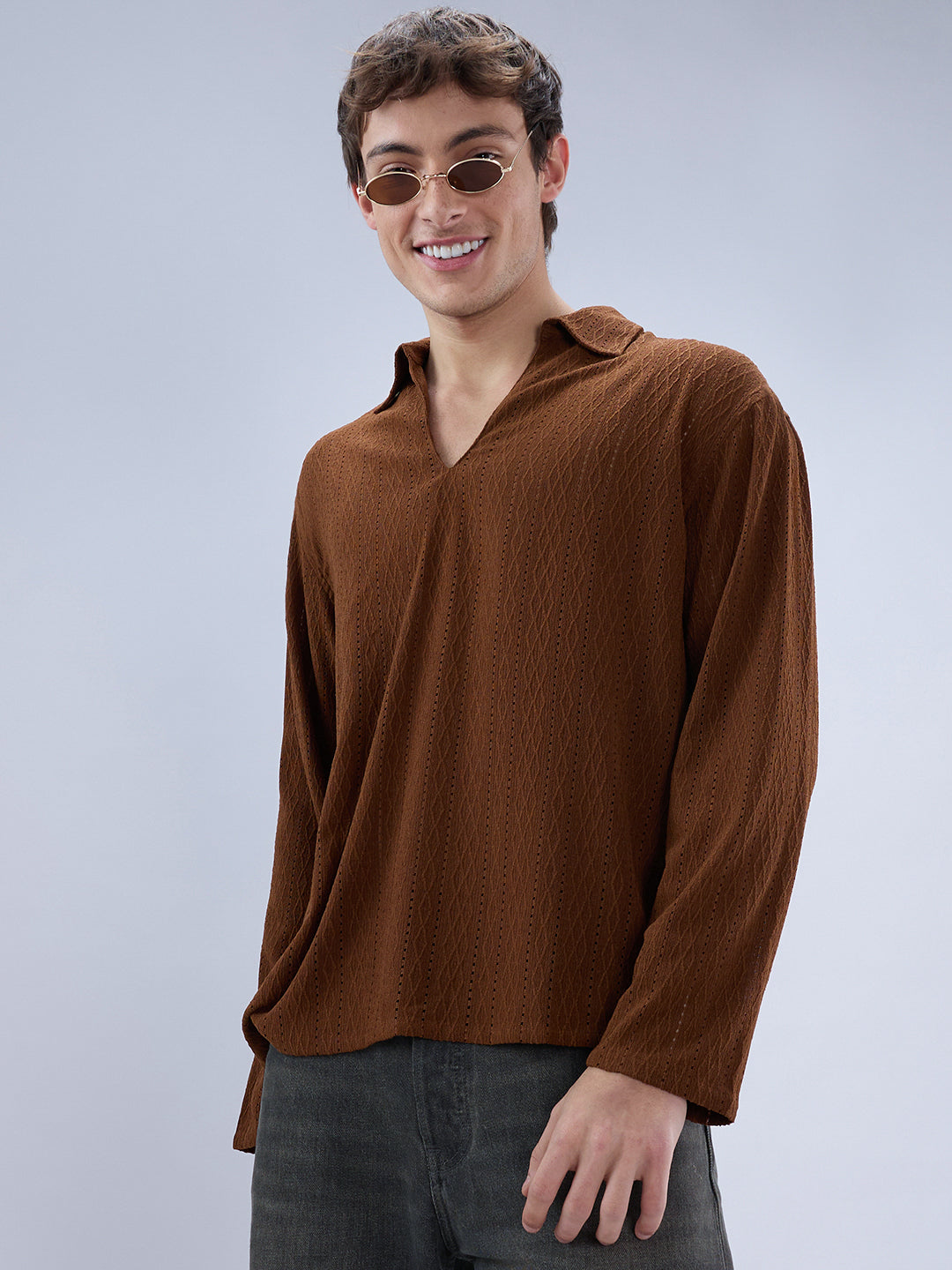 Luxe Brown Fine Lozenge Weave Polo Oversized Shirt