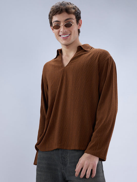 Luxe Brown Fine Lozenge Weave Polo Oversized Shirt