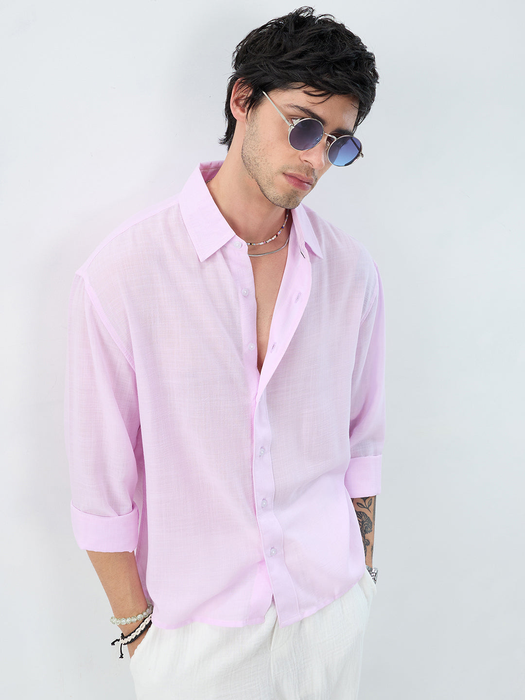 Pink Pearl Slub Textured Boxy Fit Crop Shirt