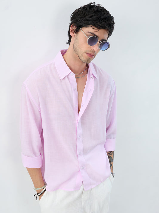 Pink Pearl Slub Textured Boxy Fit Crop Shirt