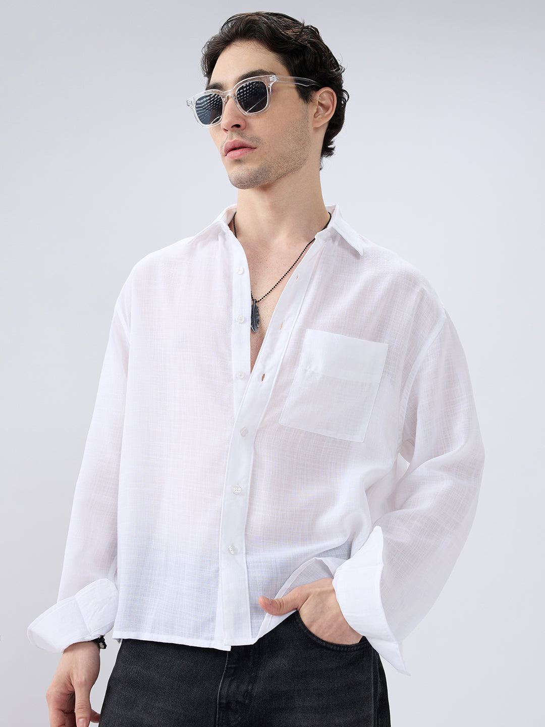 Pearl White Subtle Textured Boxy Fit Crop Shirt
