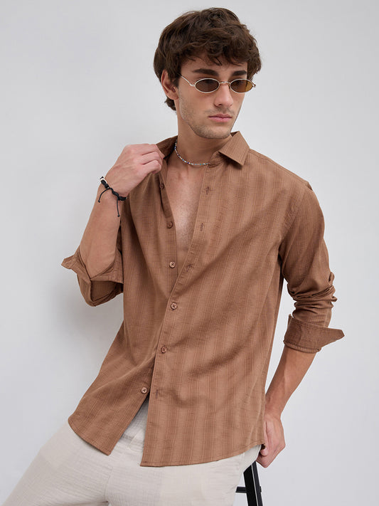 Walnut Brown Elevated Grid Detail Checks Shirt