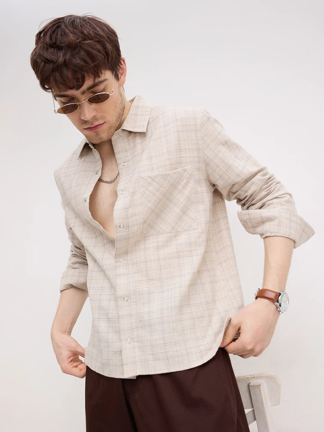Beige & Blue Loomscape Checks Straight Hem Oversized Shirt