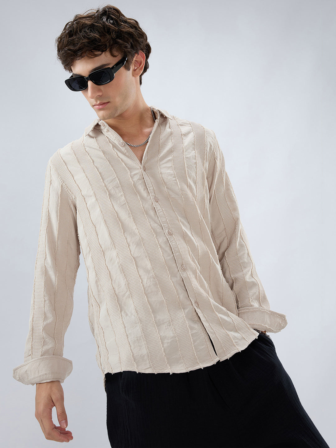 Bisque Beige Frayed Panelled Waffle Textured Shirt